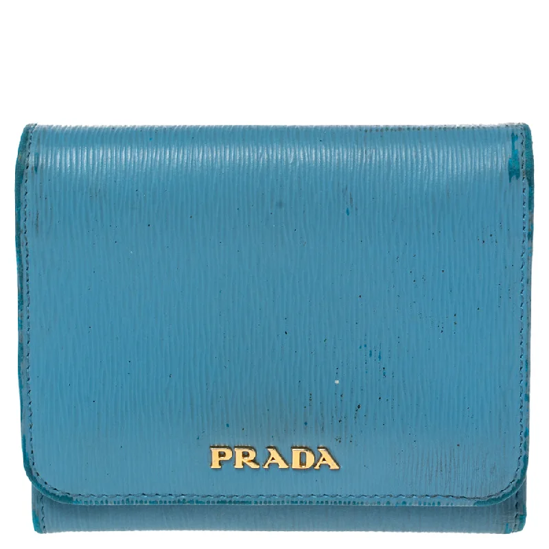 Compact women's money clip for small purses​Prada Blue Vittello Move Leather Trifold Wallet..