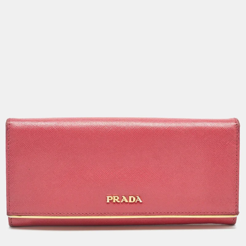 Women's money clip with a built - in card holder​Prada Pink Saffiano Leather Metal Flap Continental Wallet