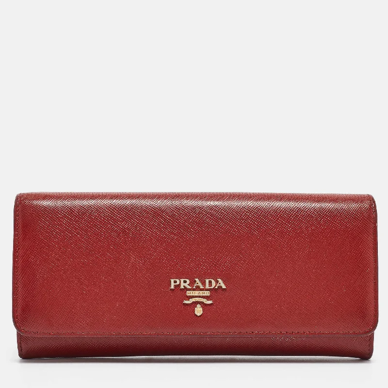 Women's money clip made of genuine crocodile leather​Prada Red Saffiano Metal Leather Logo Flap Continental Wallet
