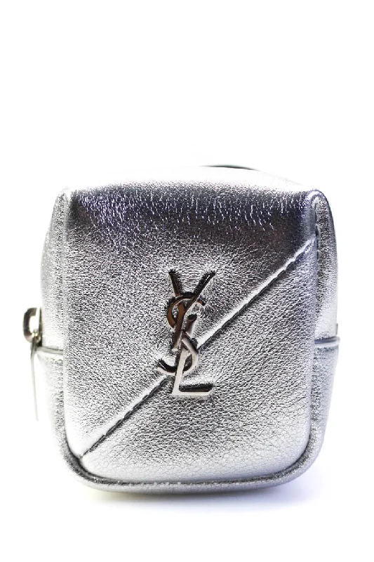 Women's money clip with a zodiac symbol design​Saint Laurent Womens Jamie Metallic Leather Cube Charm Pouch Bag Silver