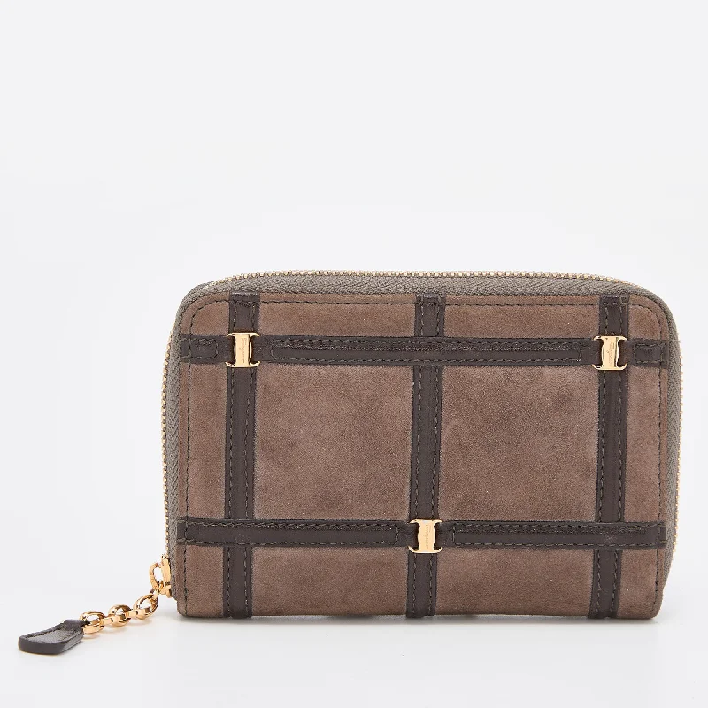 Women's money clip in a pastel color palette​Salvatore Ferragamo Brown Alcantara And Leather Zip Around Compact Wallet
