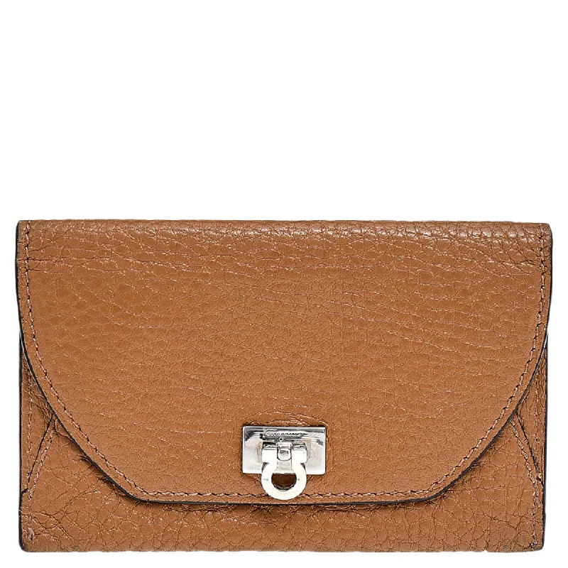 Women's money clip made of genuine crocodile leather​Salvatore Ferragamo Brown Leather Gancio Flap Card Holder