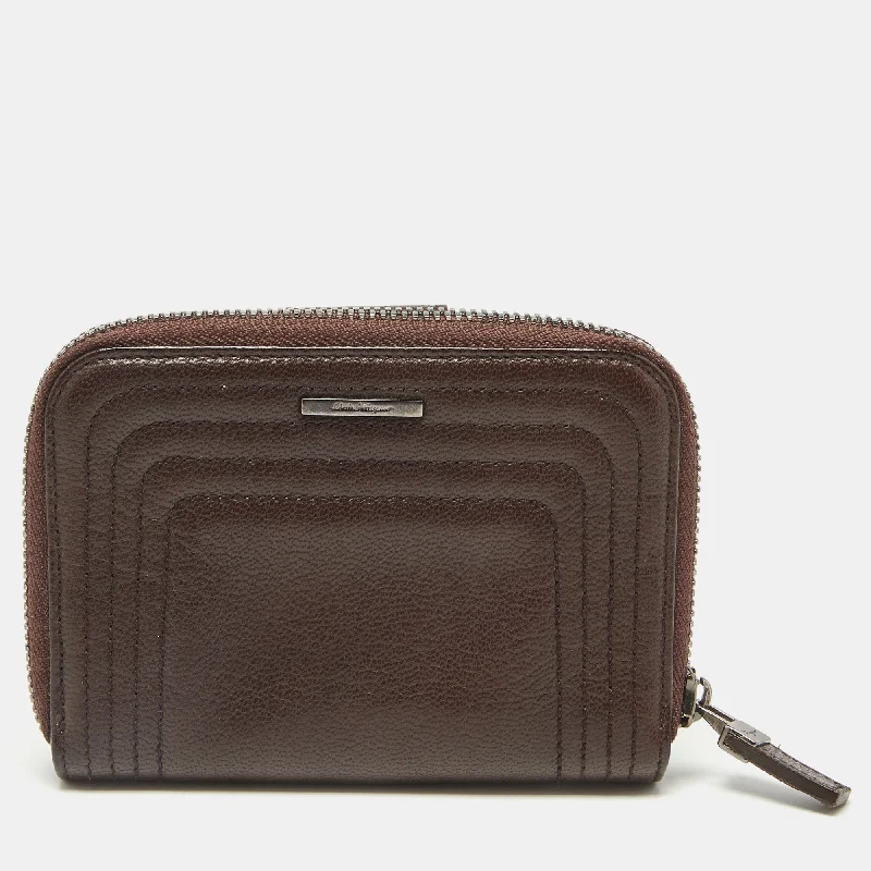 Colorful women's money clip for a pop of style​Salvatore Ferragamo Dark Brown Leather Zip Around Compact Wallet