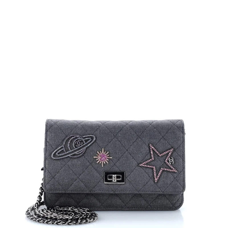 Women's money clip with a swarovski crystal accent​Space Charms Reissue 2.55 Wallet on Chain Quilted Canvas