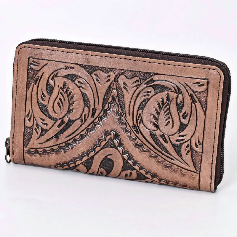Women's money clip with a built - in card holder​Tanya Tooled Leather Zip Wallet In Brown