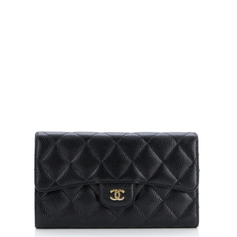 Women's money clip with a quilted texture​Trifold Classic Flap Wallet Quilted Caviar Long