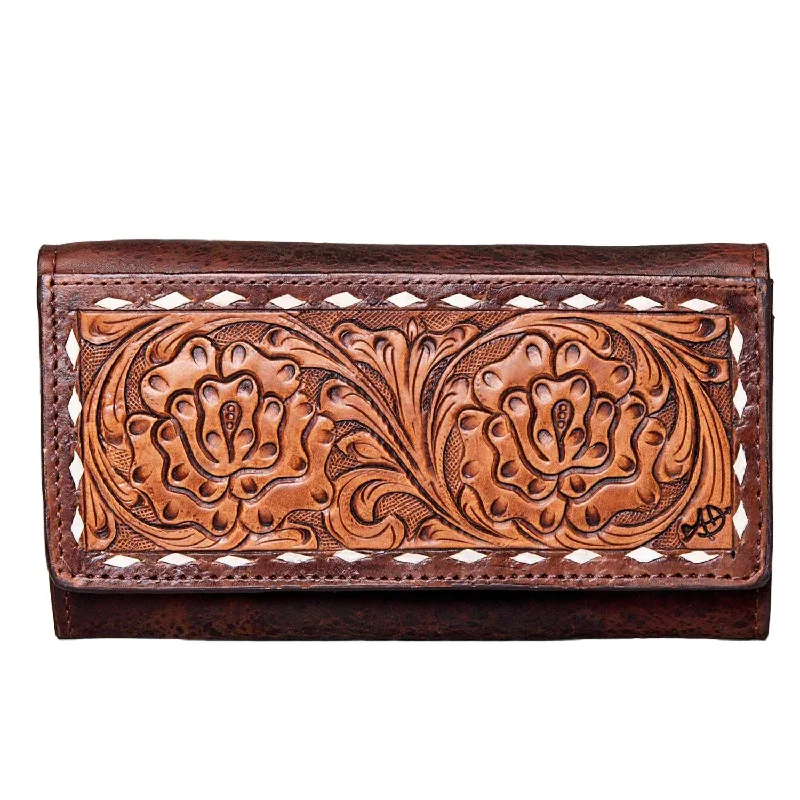 Waterproof women's money clip for beach outings​Whitley White Stitch Tri-Fold Tooled Wallet In Brown
