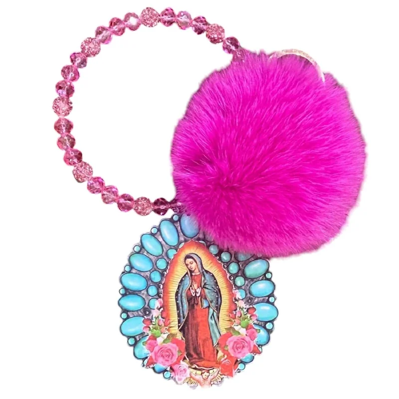 Women's money clip for travel - easy to carry​Women's Beaded Pom Pom Keychain With Guadalupe Charm In Hot Pink