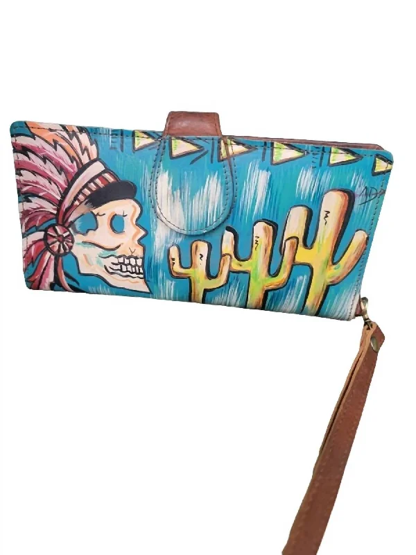 Women's money clip with a built - in card holder​Women's Indian Skull Wallet In Blue/brown