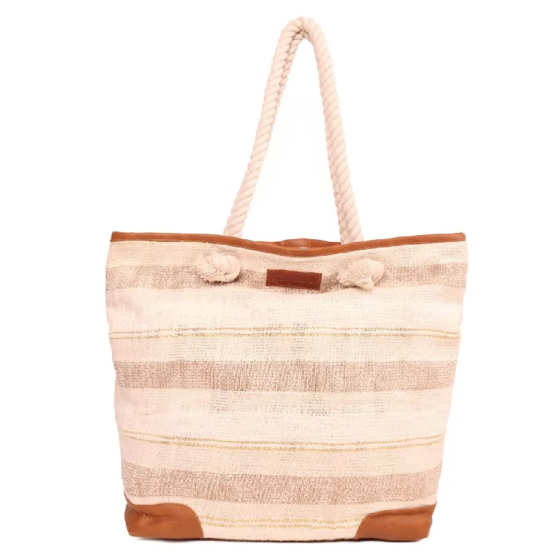 Quilted Tote Bag in Cream with Silver Hardware for a Classic and Sophisticated StyleMulti Stripe Shopper Bag With Twisted Dori Handle Quilted Tote Bag in Cream with Silver Hardware for a Classic and Sophisticated StyleMulti Stripe Shopper Bag With Twisted Dori Handle