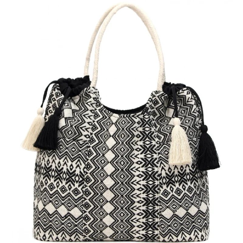 Women's Tote Bag with Zipper Closure in Red for Secure StorageWomen Black Jacquard Cotton Rope Shoulder Bag With Tassels