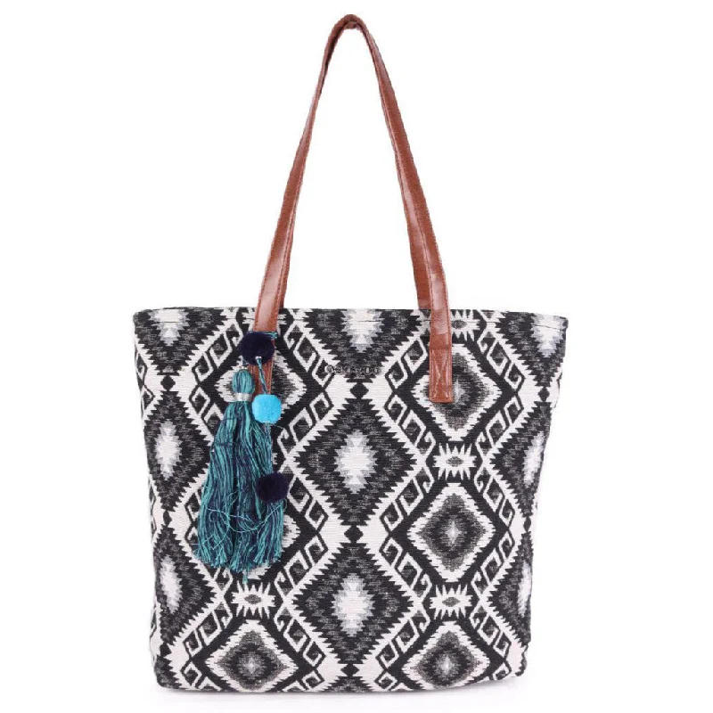 Embroidered Tote Bag in Beige with Floral Motifs for a Boho - Chic VibeAstrid Women Black Jacquard Shopper Bag With Tassels Embroidered Tote Bag in Beige with Floral Motifs for a Boho - Chic VibeAstrid Women Black Jacquard Shopper Bag With Tassels