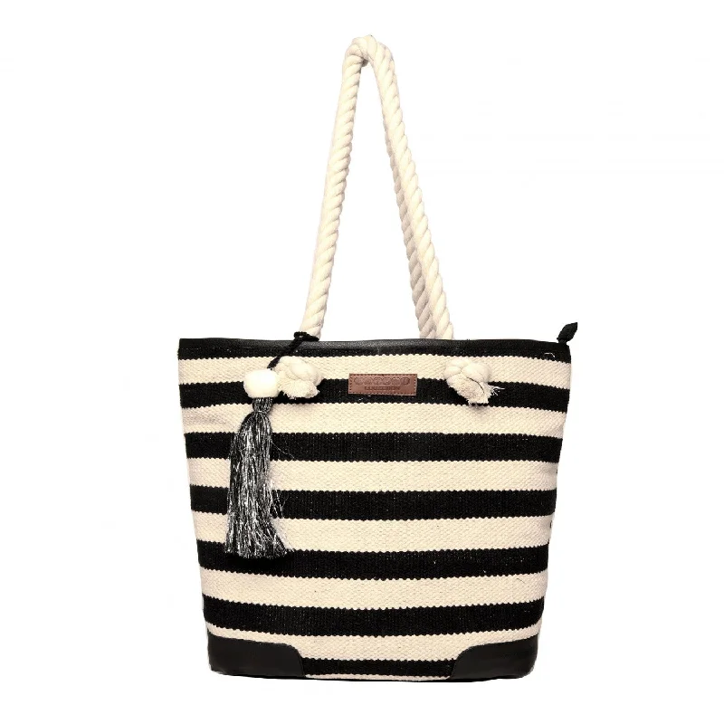 Tote Bag with RFID - Blocking Pocket in Black for Protecting Your Cards and InformationWomen Black & White Striped Womens Tote Bag Medium Size With Beautiful Tassel Tote Bag with RFID - Blocking Pocket in Black for Protecting Your Cards and InformationWomen Black & White Striped Womens Tote Bag Medium Size With Beautiful Tassel
