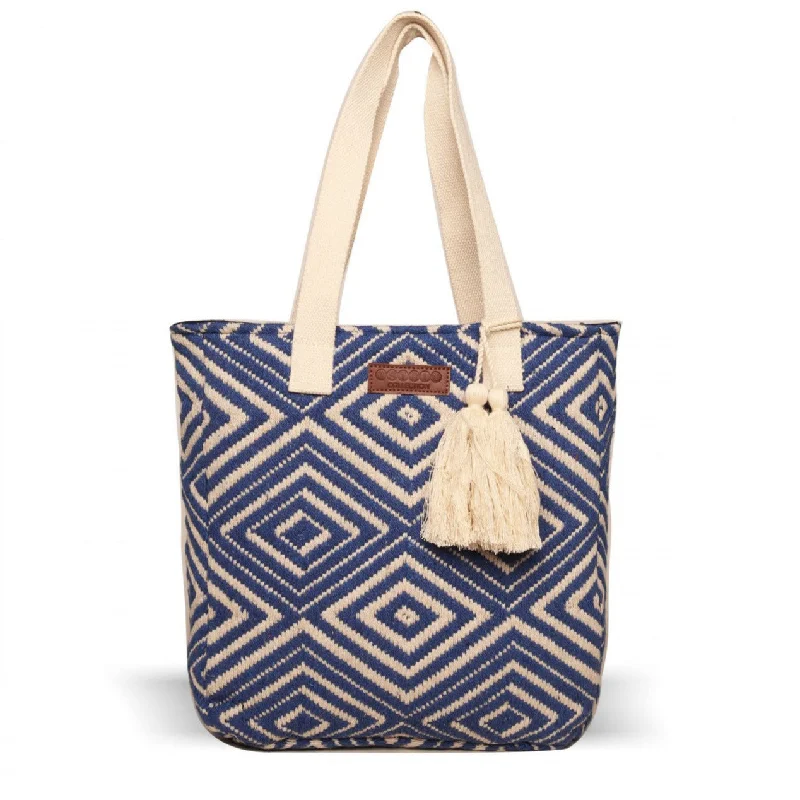 Oversized Jute Tote Bag in Natural Color with Rope Handles for a Beach VacationWomen Blue Diamond Shopper Bag With Tassels