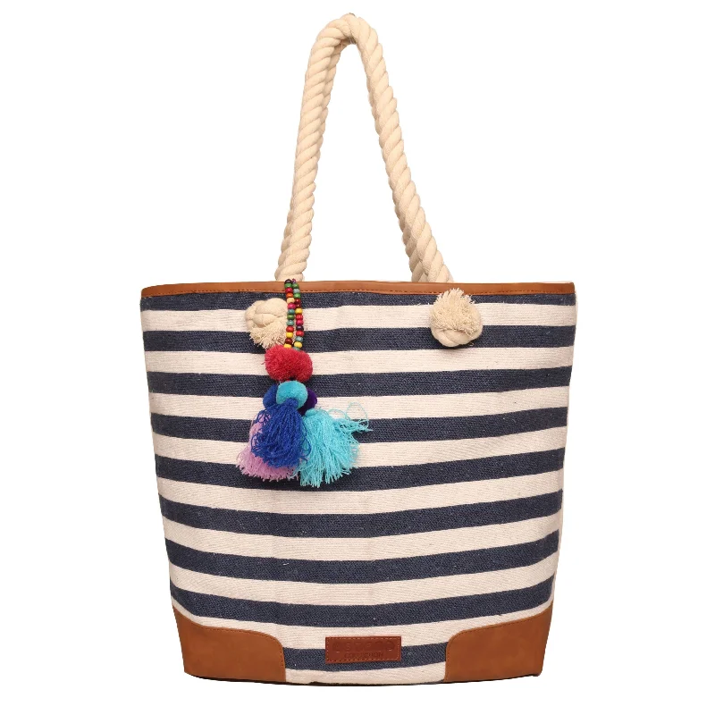 Faux Fur - Trimmed Tote Bag in White for a Cozy Winter LookWomen Blue & White Striped Womens Tote Bag Medium Size With Beautiful Tassel Faux Fur - Trimmed Tote Bag in White for a Cozy Winter LookWomen Blue & White Striped Womens Tote Bag Medium Size With Beautiful Tassel