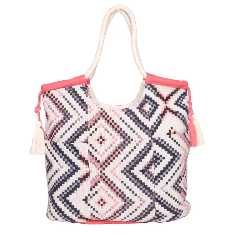 Geometric - Printed Tote Bag in Multicolor for a Contemporary and Trendy OutfitAstrid Women Pink Aztec Jacquard Cotton Rope Shoulder Bag With Tassels Geometric - Printed Tote Bag in Multicolor for a Contemporary and Trendy OutfitAstrid Women Pink Aztec Jacquard Cotton Rope Shoulder Bag With Tassels