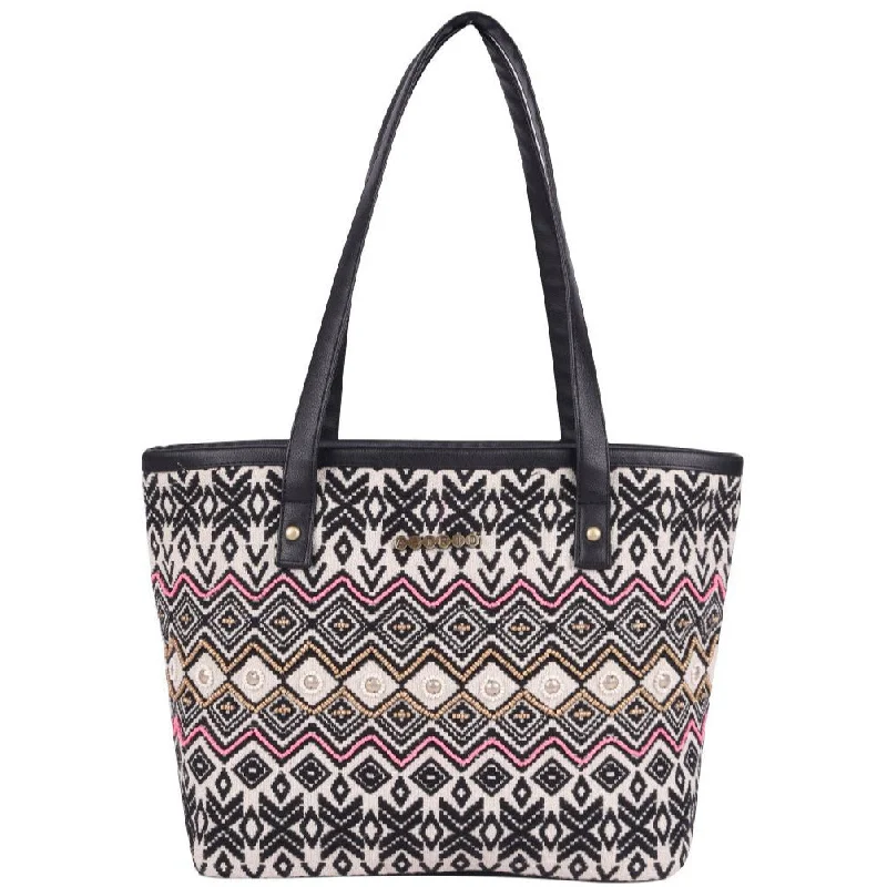 Patchwork Tote Bag in Denim with Vintage - Inspired Designs for a Retro AppealWomens Black Beaded Embroidered Woven Tote Bag