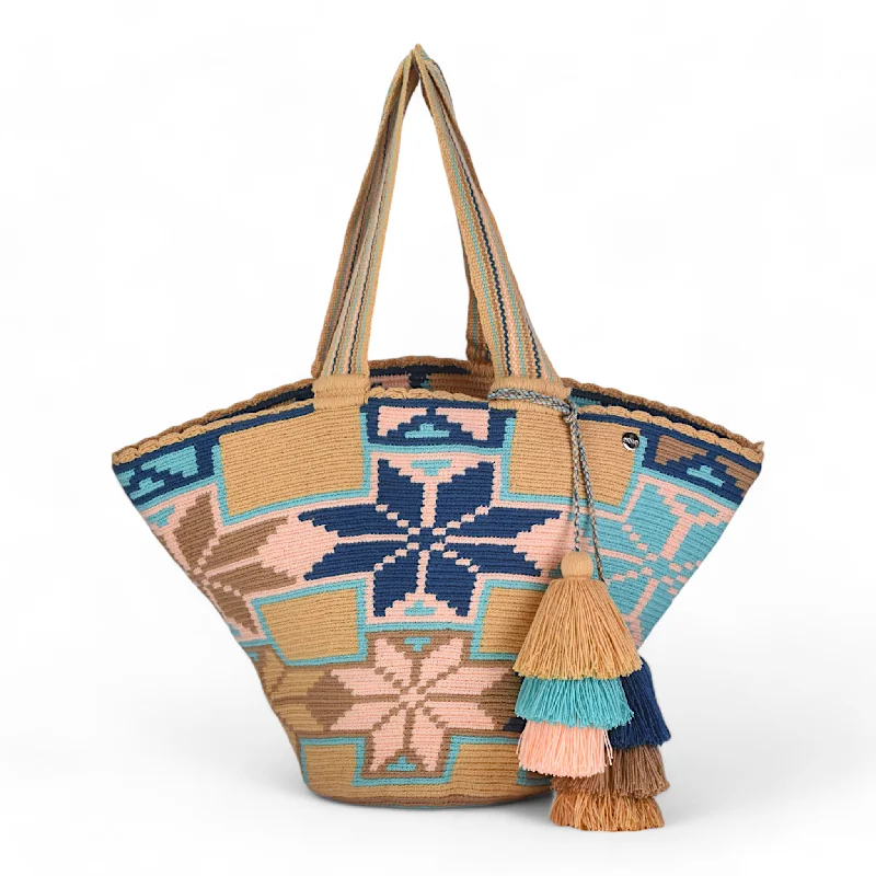 Women's Tote Bag with Magnetic Closure in Orange for Easy Access on the GoHandmade Tote Bag with Star-Shaped Flower Design