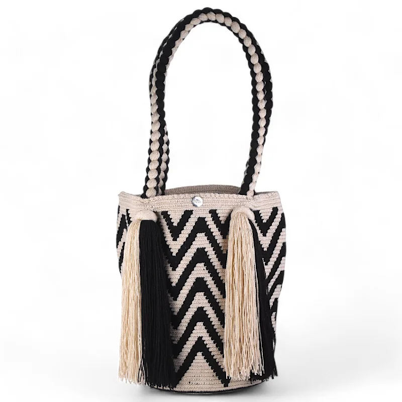 Women's Tote Bag with Detachable Pouch in Purple for Added ConvenienceHandmade Black and White Tote Bag with Long Tassels