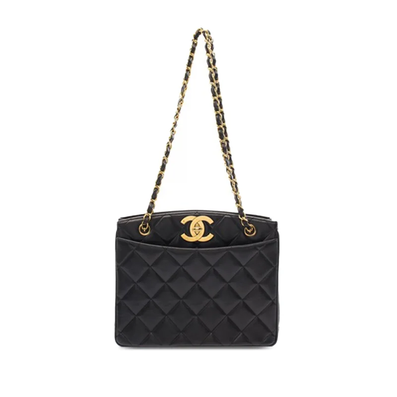 Medium - Sized Canvas Tote Bag in Navy Blue with Striped Pattern for a Nautical - Inspired LookBlack Chanel CC Quilted Lambskin Turn Lock Tote Medium - Sized Canvas Tote Bag in Navy Blue with Striped Pattern for a Nautical - Inspired LookBlack Chanel CC Quilted Lambskin Turn Lock Tote