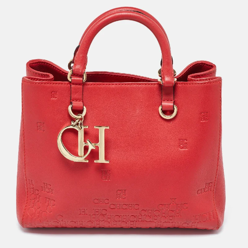 Small Vegan Leather Tote Bag in Blush Pink with Gold - Tone Hardware for a Feminine and Stylish AccessoryCarolina Herrera Red Monogram Embossed Leather Duchess Tote