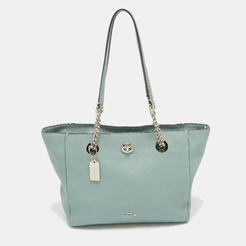 Tote Bag with Adjustable Shoulder Strap in Olive Green for Comfortable CarryingCoach Light Blue Leather Turnlock Chain Tote Tote Bag with Adjustable Shoulder Strap in Olive Green for Comfortable CarryingCoach Light Blue Leather Turnlock Chain Tote