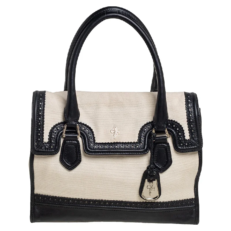 Waterproof Tote Bag in Yellow for Outdoor Activities in Wet WeatherCole Haan Cream/black Canvas And Wingtip Leather Flap Brooke Tote Waterproof Tote Bag in Yellow for Outdoor Activities in Wet WeatherCole Haan Cream/black Canvas And Wingtip Leather Flap Brooke Tote