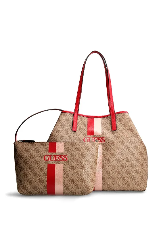 Metallic Tote Bag in Rose Gold with Chain Handles for a Glamorous Night OutGuess Vikky 4g Logo Maxi Shopper Bag, Brown & Red