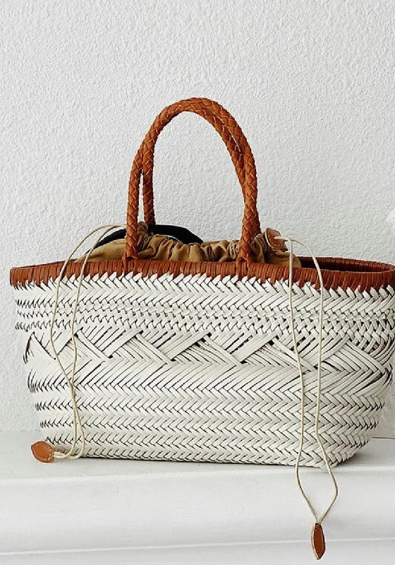 Faux Fur - Trimmed Tote Bag in White for a Cozy Winter LookWoven Leather Handmde Tote Bag Faux Fur - Trimmed Tote Bag in White for a Cozy Winter LookWoven Leather Handmde Tote Bag