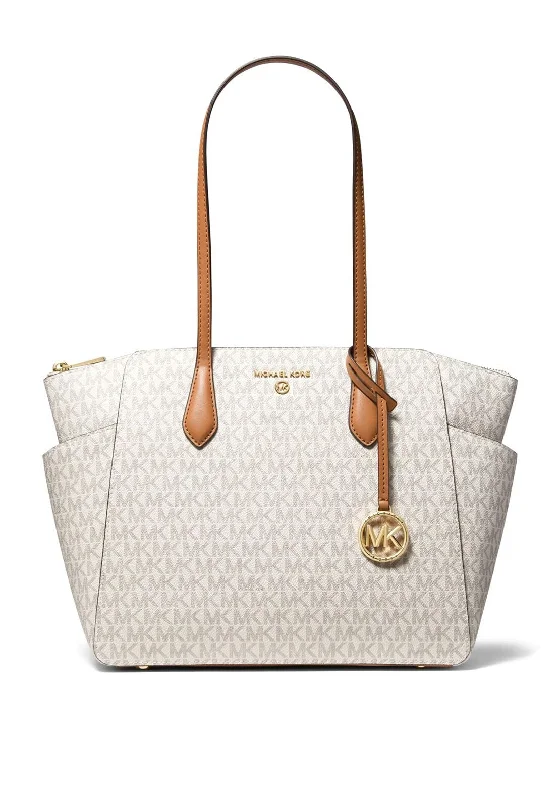 Linen Tote Bag in Natural Beige with Braided Details for a Rustic Summer EnsembleMICHAEL Michael Kors Marylin Logo Print Tote Bag, Vanilla