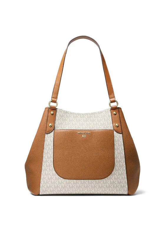 Faux Fur - Trimmed Tote Bag in White for a Cozy Winter LookMICHAEL Michael Kors Molly Signature Large Shoulder Bag, Vanilla & Acorn