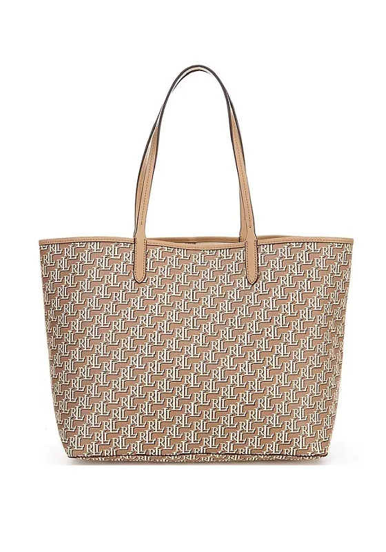 Oversized Jute Tote Bag in Natural Color with Rope Handles for a Beach VacationRalph Lauren Collins Monogram Tote Bag, Brown