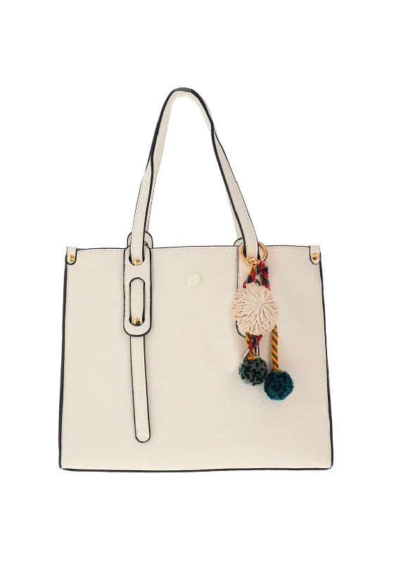 Quilted Tote Bag in Cream with Silver Hardware for a Classic and Sophisticated StyleZen Collection Medium Charm Tote Bag, Beige Quilted Tote Bag in Cream with Silver Hardware for a Classic and Sophisticated StyleZen Collection Medium Charm Tote Bag, Beige