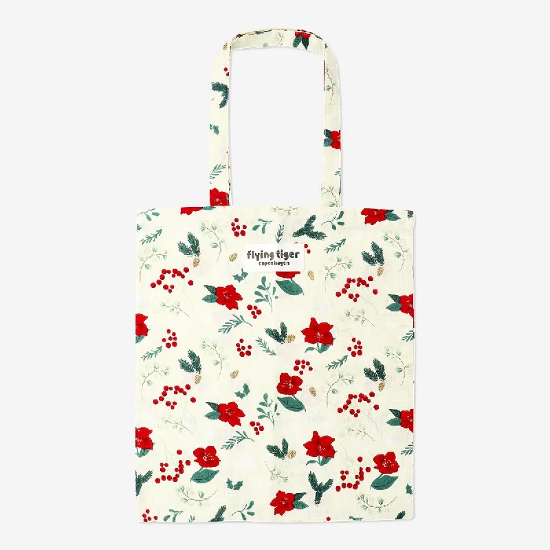 Quilted Tote Bag in Cream with Silver Hardware for a Classic and Sophisticated StyleTote bag with Christmas flowers Quilted Tote Bag in Cream with Silver Hardware for a Classic and Sophisticated StyleTote bag with Christmas flowers