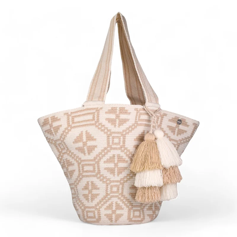 Linen Tote Bag in Natural Beige with Braided Details for a Rustic Summer EnsembleHandmade White & Beige Wayuu Tote Bag
