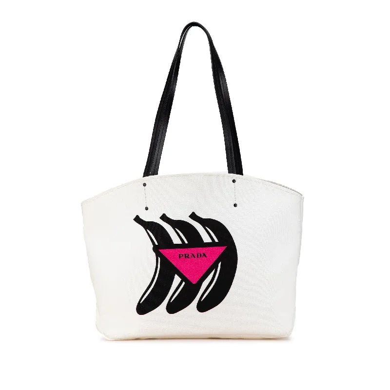 Women's Tote Bag with Inner Compartments in Gray for Organizing Everyday EssentialsWhite Prada Canapa Banana Print Tote Women's Tote Bag with Inner Compartments in Gray for Organizing Everyday EssentialsWhite Prada Canapa Banana Print Tote
