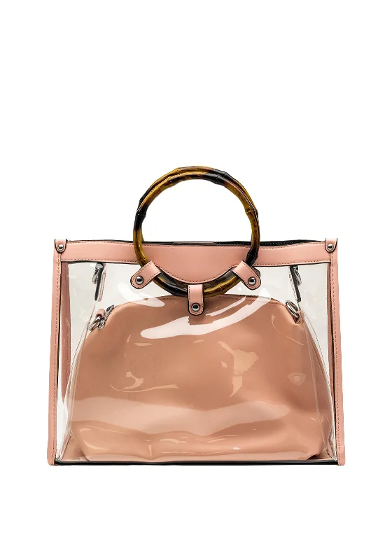 Quilted Tote Bag in Cream with Silver Hardware for a Classic and Sophisticated StyleZen Collection Faux Bamboo Ring Clear Shopper Bag, Pink