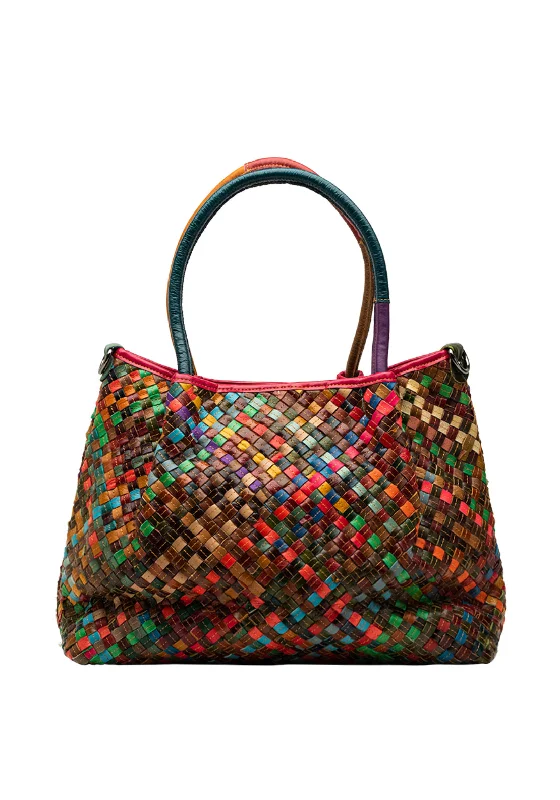 Women's Tote Bag with Magnetic Closure in Orange for Easy Access on the GoZen Collection Leather Woven Patchwork Shopper Bag, Multi