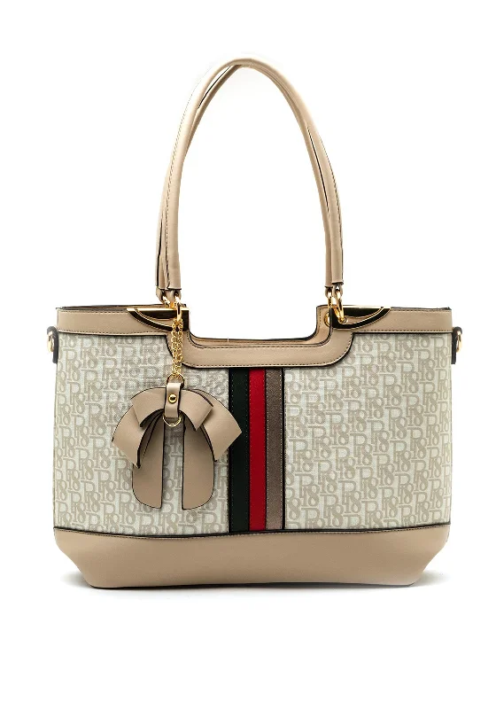 Monogrammed Tote Bag in Brown Leather with Personalized Initials for a Custom and Elegant TouchZen Collection Logo Print Mix Medium Zip Tote, Beige