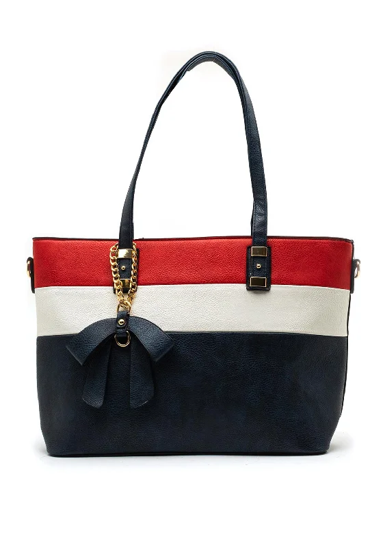 Tote Bag with Adjustable Shoulder Strap in Olive Green for Comfortable CarryingZen Collection Nautical Stripe Panel Large Tote Bag, Navy