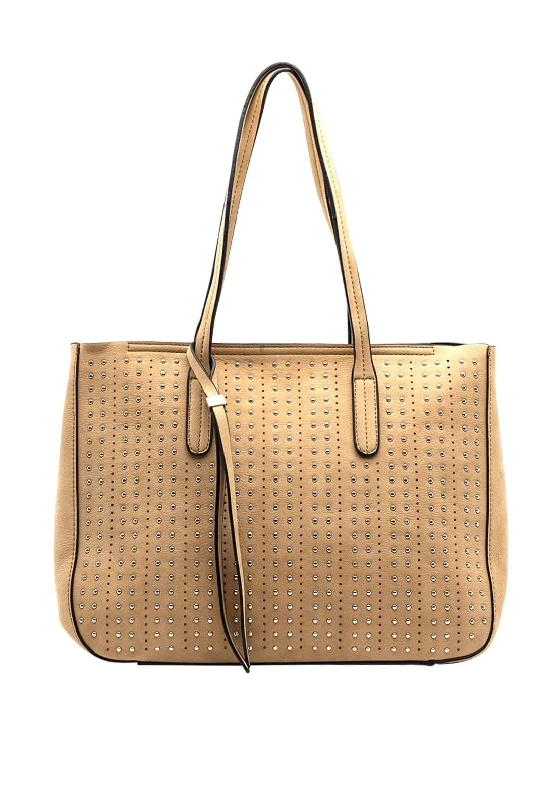 Monogrammed Tote Bag in Brown Leather with Personalized Initials for a Custom and Elegant TouchZen Collection Studded Large Shopper Bag, Taupe