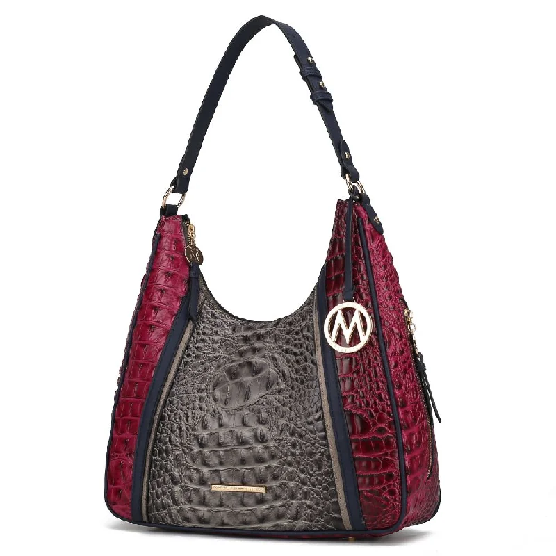 Women's Canvas Shoulder Bag in Navy with Striped Pattern for Beach TripsBecket Faux Crocodile-Embossed Vegan Leather Women’s Shoulder Bag Women's Canvas Shoulder Bag in Navy with Striped Pattern for Beach TripsBecket Faux Crocodile-Embossed Vegan Leather Women’s Shoulder Bag
