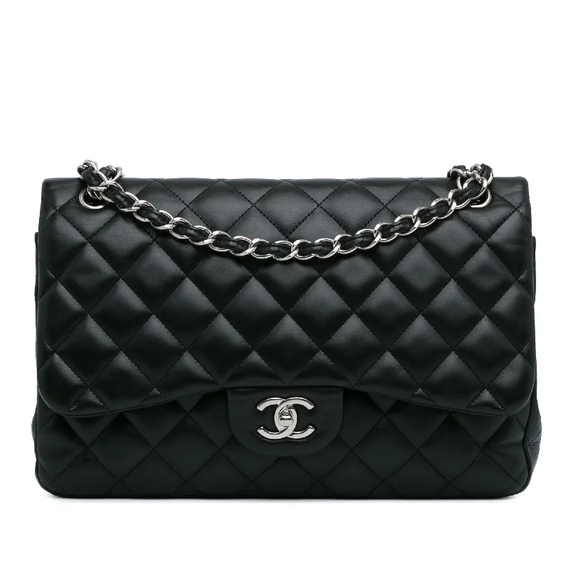 Women's Canvas Shoulder Bag in Navy with Striped Pattern for Beach TripsBlack Chanel Jumbo Classic Lambskin Double Flap Shoulder Bag