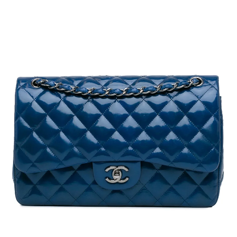 Women's Shoulder Bag with Floral Embroidery in Purple for Spring WalksBlue Chanel Jumbo Classic Patent Double Flap Shoulder Bag
