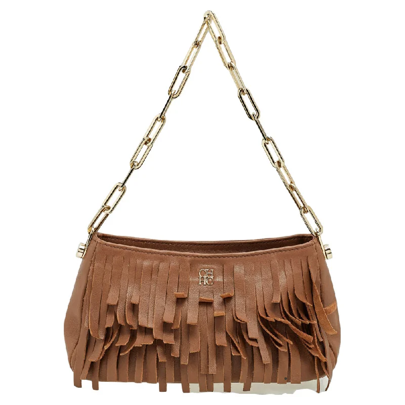 Women's Shoulder Bag with Faux Fur Strap in White for Winter StyleCarolina Hererra Leather Fringe Chain Shoulder Bag