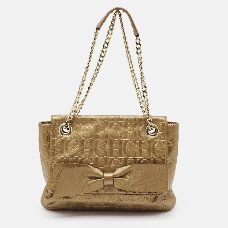 Metallic Shoulder Bag in Gold for Special OccasionsCarolina Herrera Gold Monogram Leather Audrey Shoulder Bag Metallic Shoulder Bag in Gold for Special OccasionsCarolina Herrera Gold Monogram Leather Audrey Shoulder Bag