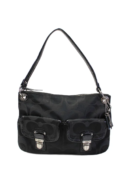 Crossbody Shoulder Bag in Black Leather with Gold Hardware for Night OutsCoach Womens Monogram Print Zipper Closure Silver Tone Shoulder Handbag Black Crossbody Shoulder Bag in Black Leather with Gold Hardware for Night OutsCoach Womens Monogram Print Zipper Closure Silver Tone Shoulder Handbag Black