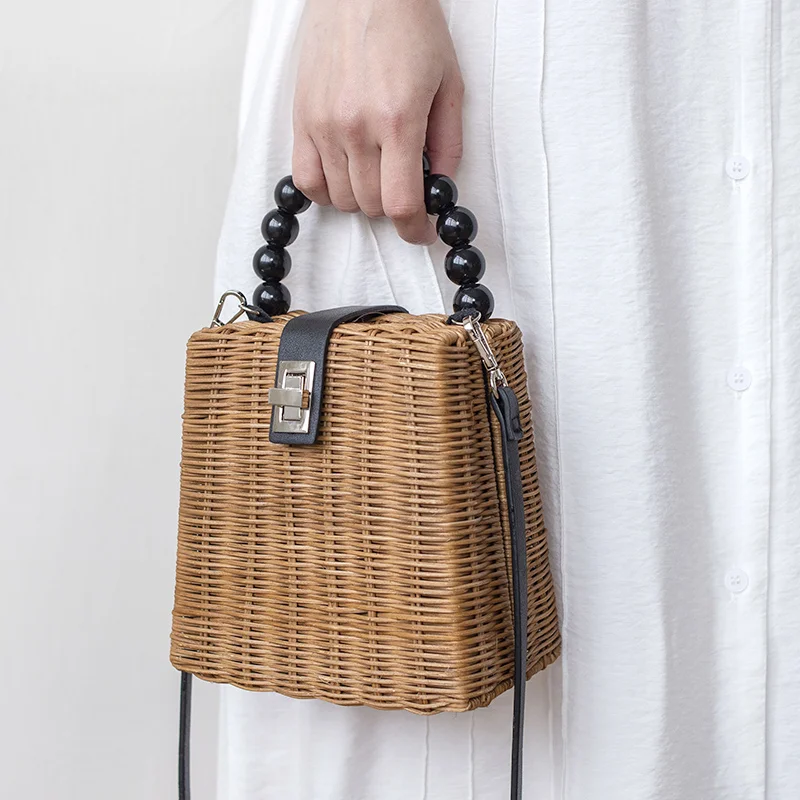 Women's Large Leather Shoulder Bag in Brown with Multiple Compartments for WorkElena Handbags Rustic Chic Women's Hand Woven Rattan Weave Basket Bag
