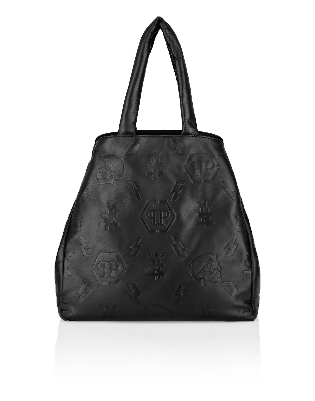 Vegan Leather Shoulder Bag in Gray for Ethical Fashion LoversLeather Handle bag maxi Embossed Monogram Vegan Leather Shoulder Bag in Gray for Ethical Fashion LoversLeather Handle bag maxi Embossed Monogram