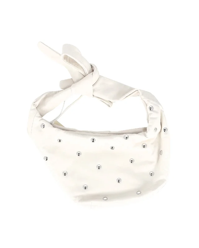 Women's Shoulder Bag with Floral Embroidery in Purple for Spring WalksMaje Embellished Bow Bag in White Leather
